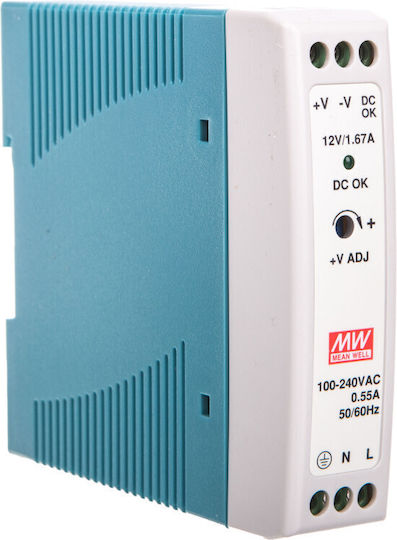 Mean Well Τροφοδοτικό Ράγας με Έξοδο 12V και Ισχύ 20W 1.67A MDR-20-12